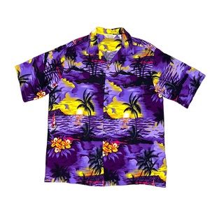 Men’s casual button down Hawaiian style shirt palm trees sunset size 2XL